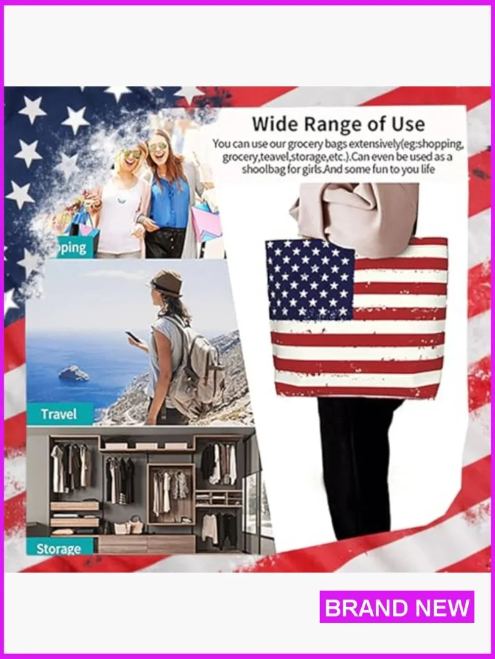 Large Tote Bag With Zipper Reusable Lightweight Patriotic Shopping